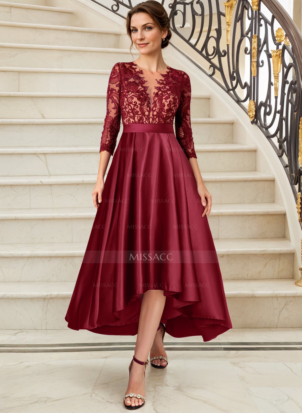 A-Line Illusion Neck 3/4 Sleeves Satin Mother Of The Bride Dresses With Lace