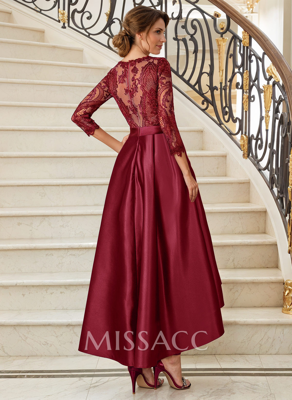 A-Line Illusion Neck 3/4 Sleeves Satin Mother Of The Bride Dresses With Lace