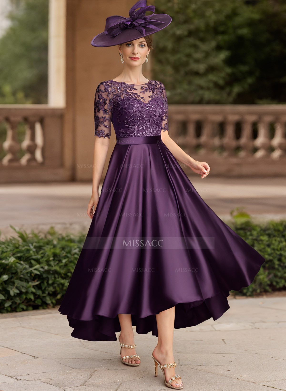 A-Line Illusion Neck Short Sleeves Satin Mother Of The Bride Dresses With Lace
