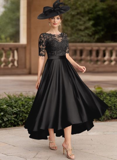 A-Line Illusion Neck Short Sleeves Satin Mother Of The Bride Dresses With Lace