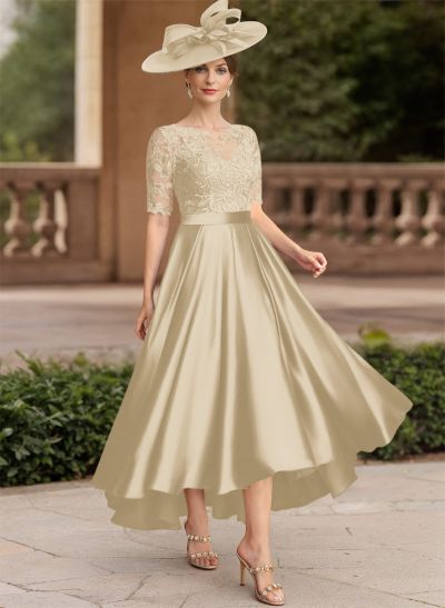 A-Line Illusion Neck Short Sleeves Satin Mother Of The Bride Dresses With Lace