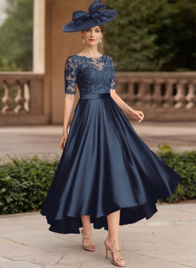 A-Line Illusion Neck Short Sleeves Satin Mother Of The Bride Dresses With Lace