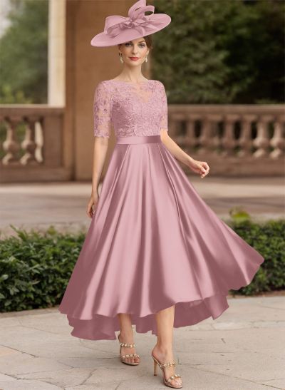 A-Line Illusion Neck Short Sleeves Satin Mother Of The Bride Dresses With Lace