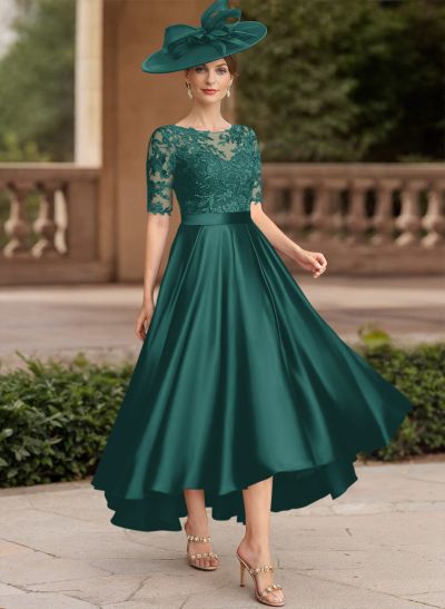 A-Line Illusion Neck Short Sleeves Satin Mother Of The Bride Dresses With Lace