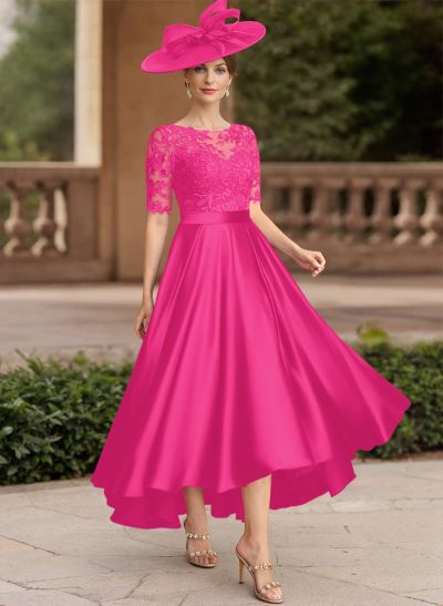 A-Line Illusion Neck Short Sleeves Satin Mother Of The Bride Dresses With Lace