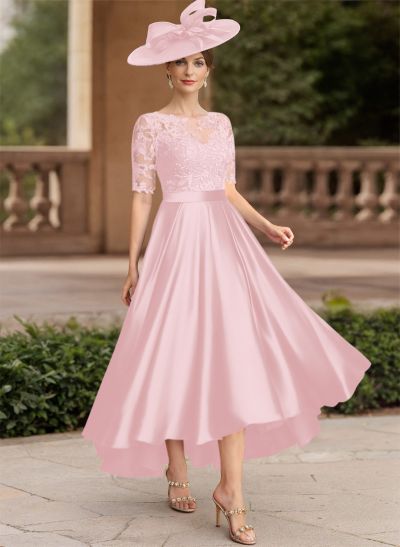 A-Line Illusion Neck Short Sleeves Satin Mother Of The Bride Dresses With Lace