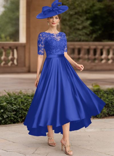 A-Line Illusion Neck Short Sleeves Satin Mother Of The Bride Dresses With Lace