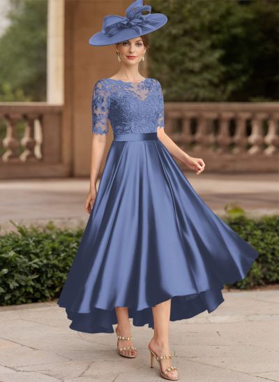 A-Line Illusion Neck Short Sleeves Satin Mother Of The Bride Dresses With Lace