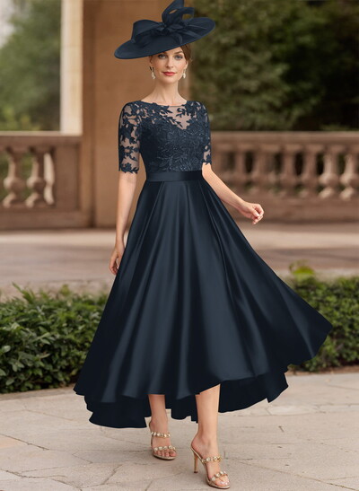 A-Line Illusion Neck Short Sleeves Satin Mother Of The Bride Dresses With Lace