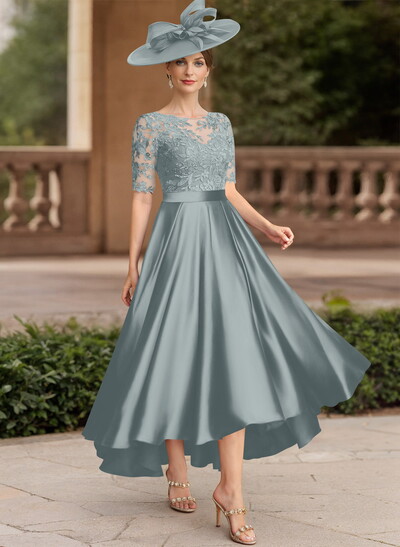 A-Line Illusion Neck Short Sleeves Satin Mother Of The Bride Dresses With Lace