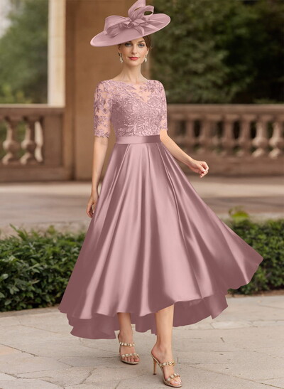 A-Line Illusion Neck Short Sleeves Satin Mother Of The Bride Dresses With Lace