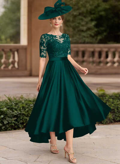 A-Line Illusion Neck Short Sleeves Satin Mother Of The Bride Dresses With Lace