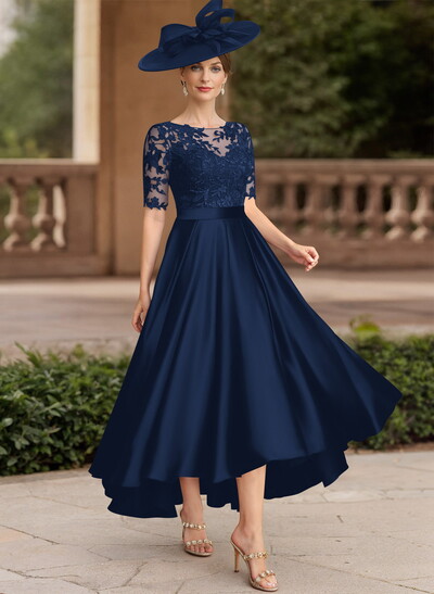 A-Line Illusion Neck Short Sleeves Satin Mother Of The Bride Dresses With Lace