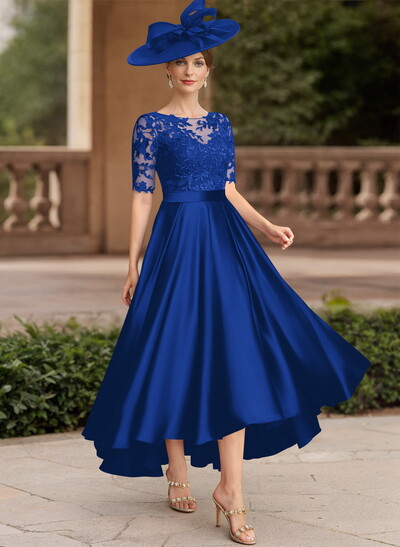 A-Line Illusion Neck Short Sleeves Satin Mother Of The Bride Dresses With Lace