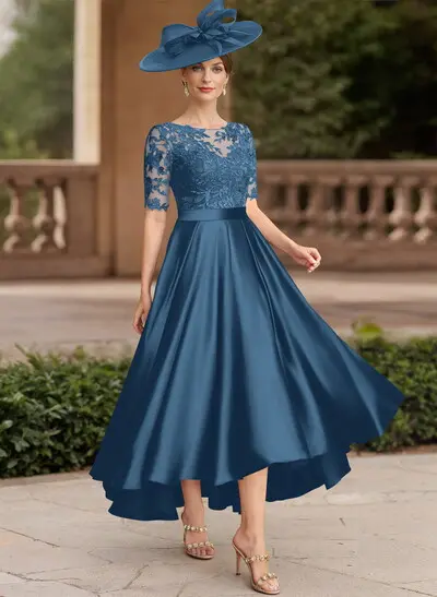 A-Line Illusion Neck Short Sleeves Satin Mother Of The Bride