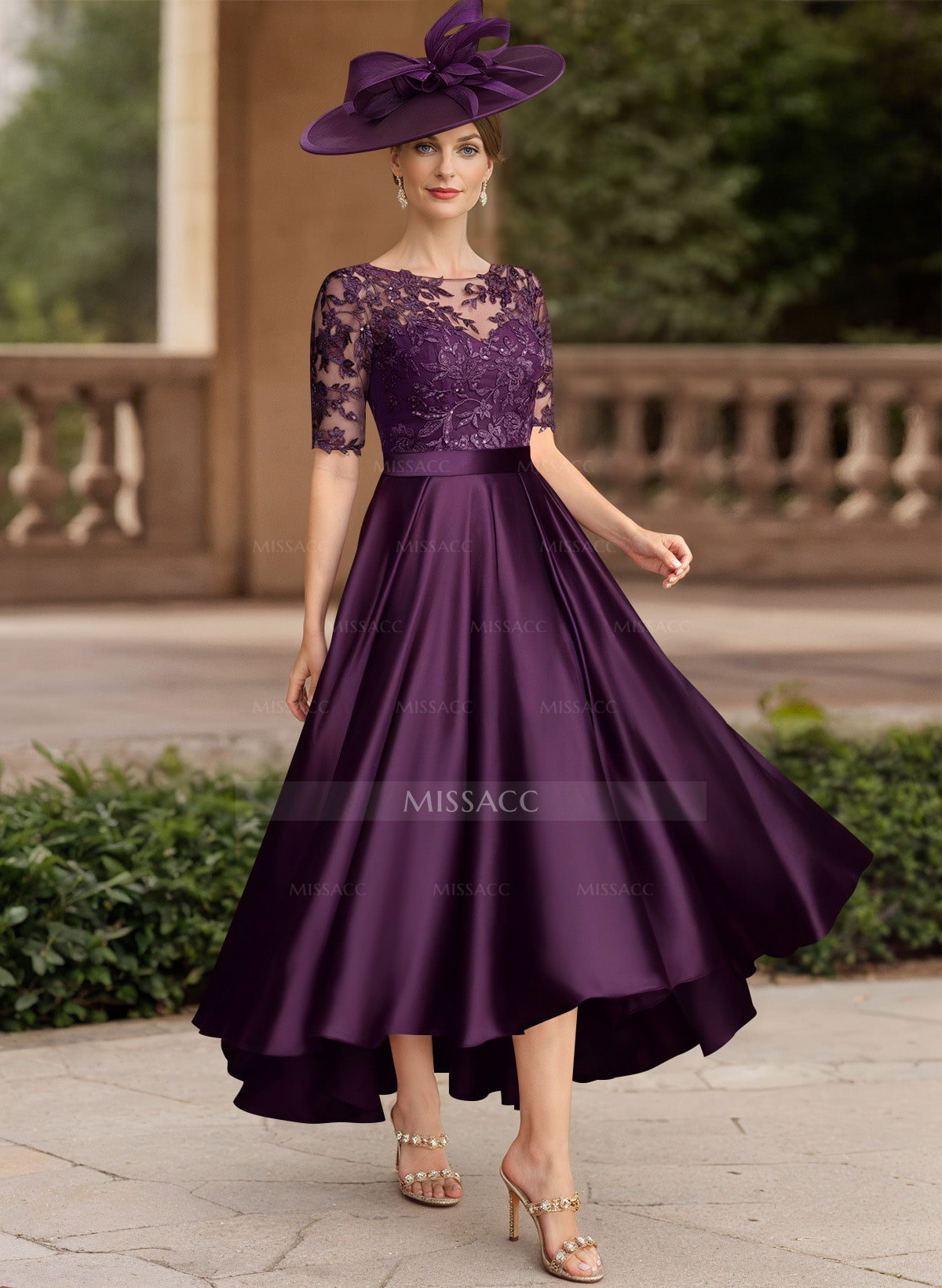 A-Line Illusion Neck Short Sleeves Satin Mother Of The Bride Dresses With Lace