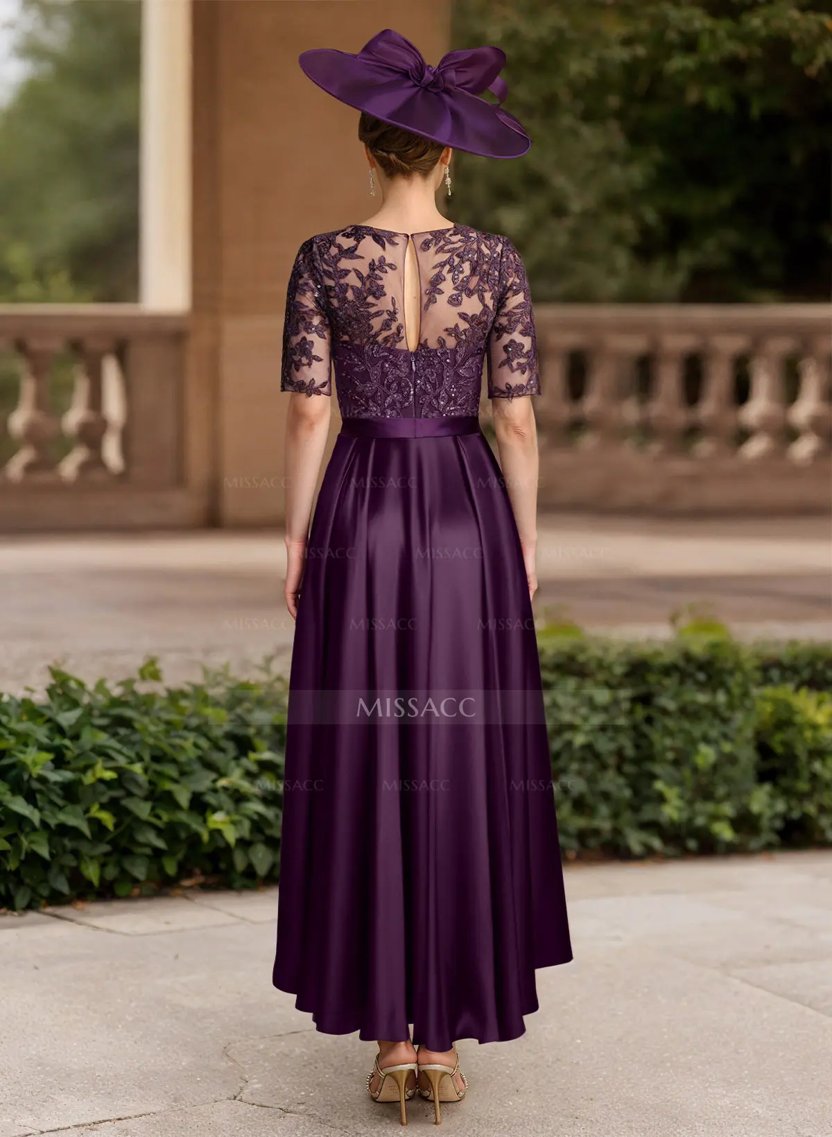 A-Line Illusion Neck Short Sleeves Satin Mother Of The Bride
