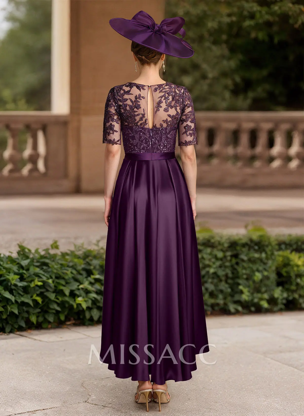 Missacc Slate Blue Mother Of The Bride Dresses A-Line Illusion Neck Short Sleeves Satin Mother Of The Bride Dresses With Lace