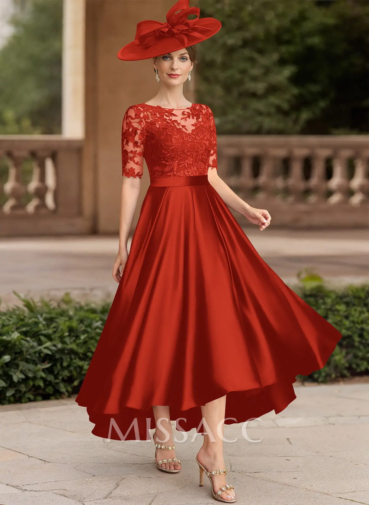 A-Line Illusion Neck Short Sleeves Satin Mother Of The Bride