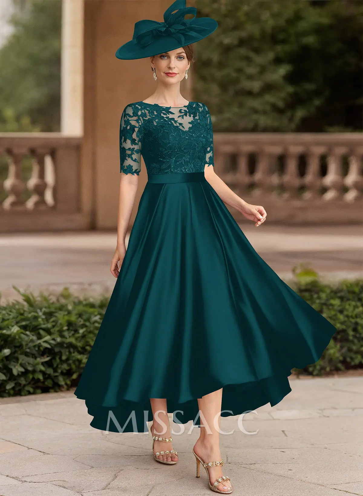 A-Line Illusion Neck Short Sleeves Satin Mother Of The Bride