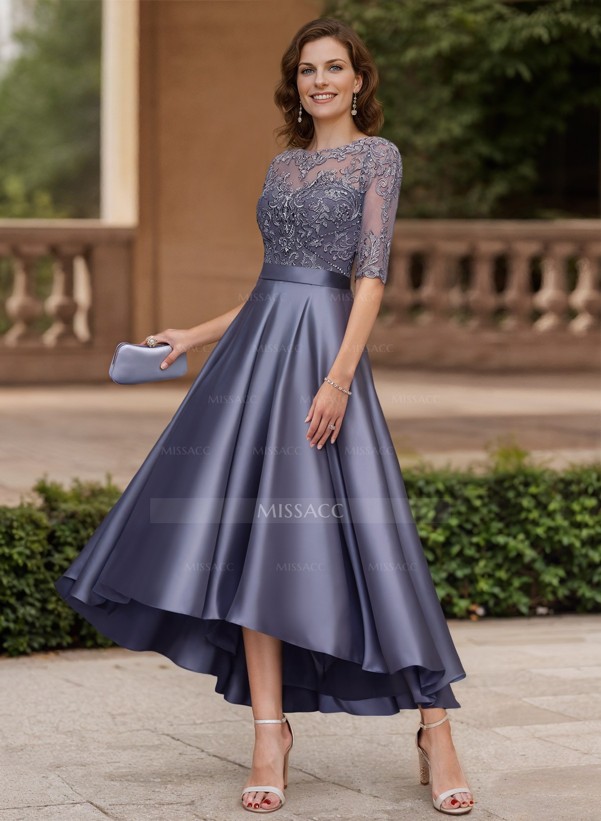 A-Line Illusion Neck Satin Mother Of The Bride Dresses With Appliques Lace