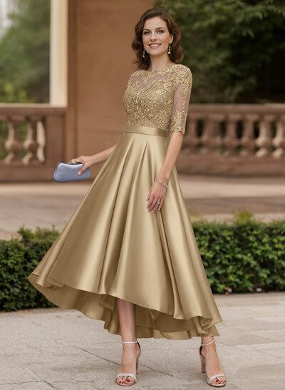 A-Line Illusion Neck Satin Mother Of The Bride Dresses With Appliques Lace