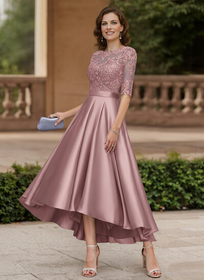A-Line Illusion Neck Satin Mother Of The Bride Dresses With Appliques Lace