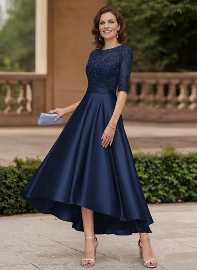 A-Line Illusion Neck Satin Mother Of The Bride Dresses With Appliques Lace