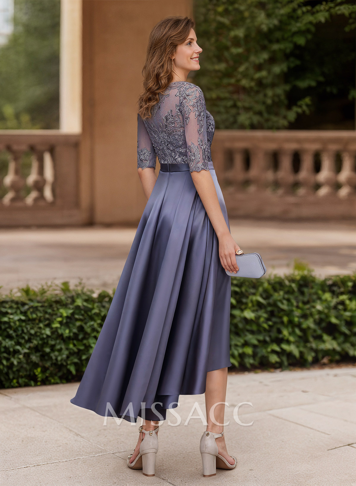 A-Line Illusion Neck Satin Mother Of The Bride Dresses With Appliques Lace