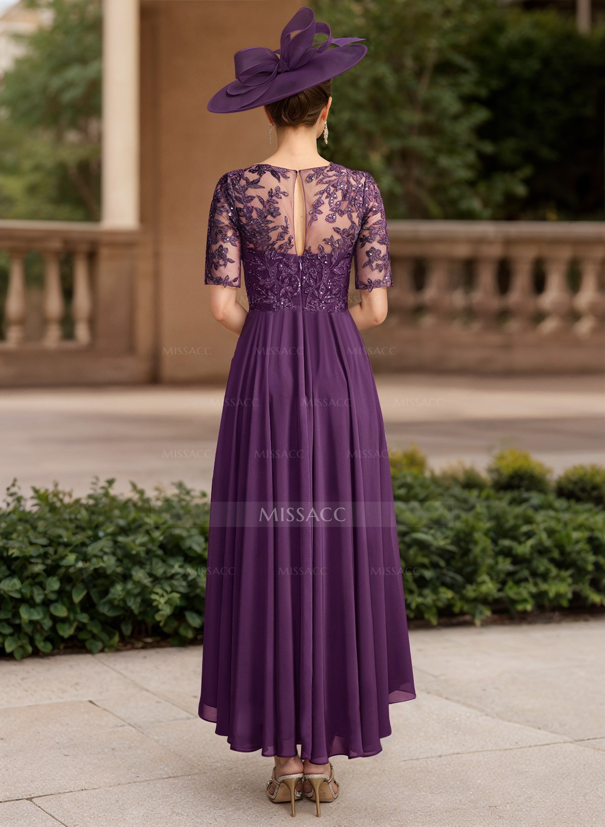 A-Line Illusion Neck 1/2 Sleeves Chiffon Mother Of The Bride Dresses With Lace