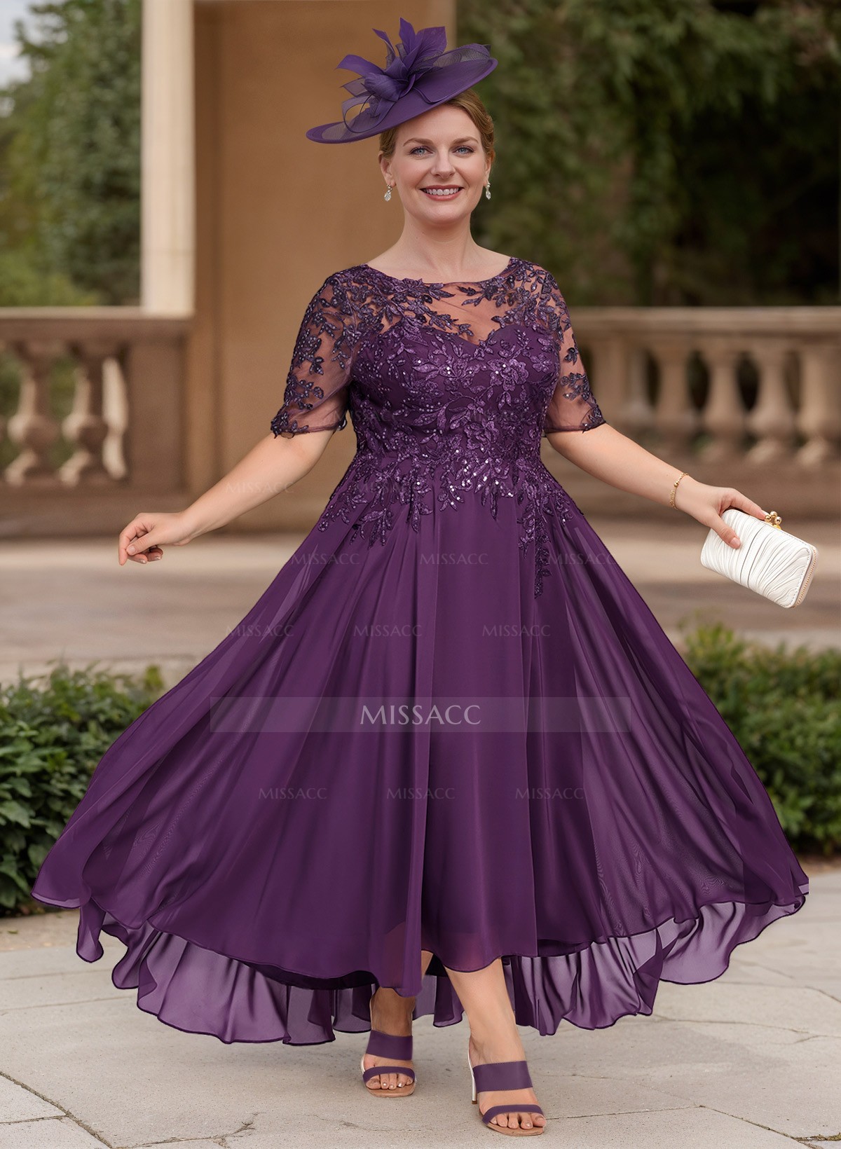 A-Line Illusion Neck 1/2 Sleeves Chiffon Mother Of The Bride Dresses With Lace