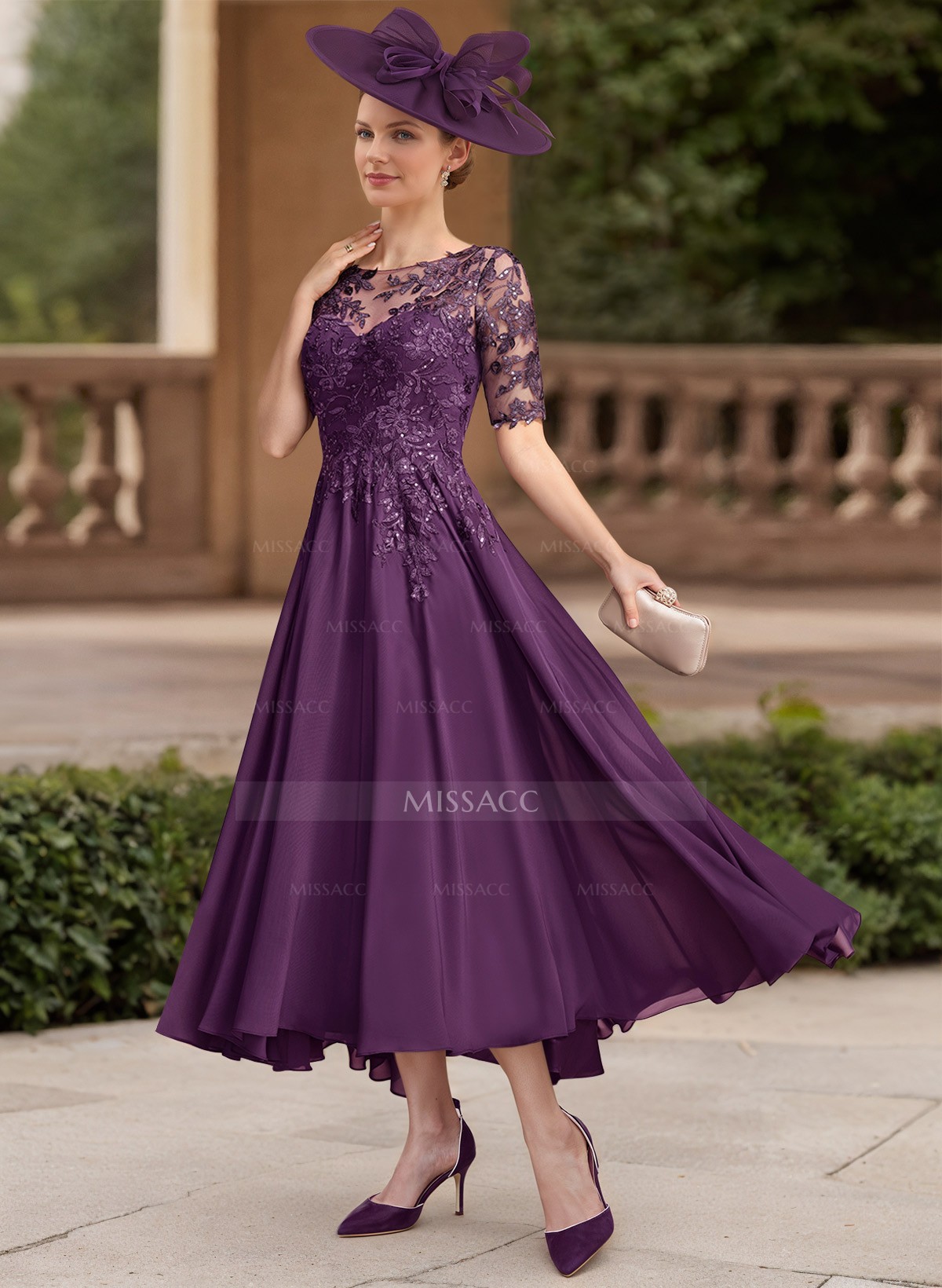 A-Line Illusion Neck 1/2 Sleeves Chiffon Mother Of The Bride Dresses With Lace