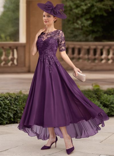 A-Line Illusion Neck 1/2 Sleeves Chiffon Mother Of The Bride Dresses With Lace