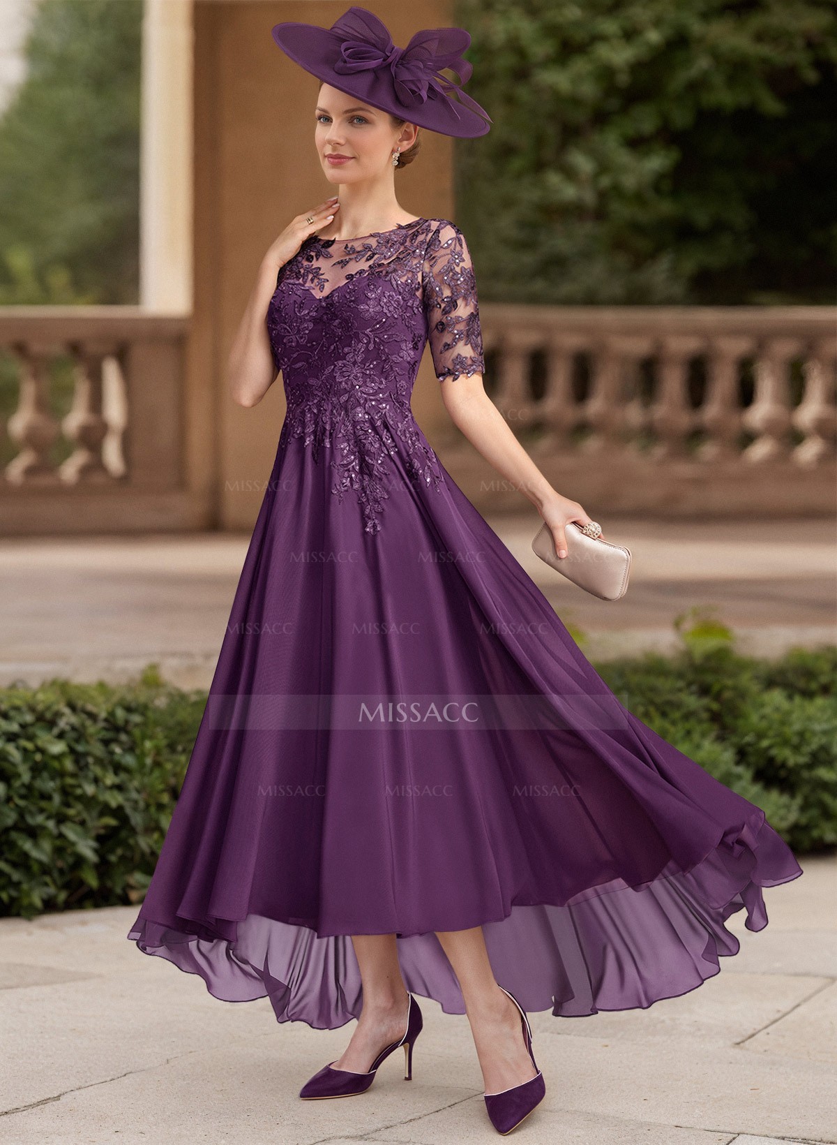 A-Line Illusion Neck 1/2 Sleeves Chiffon Mother Of The Bride Dresses With Lace