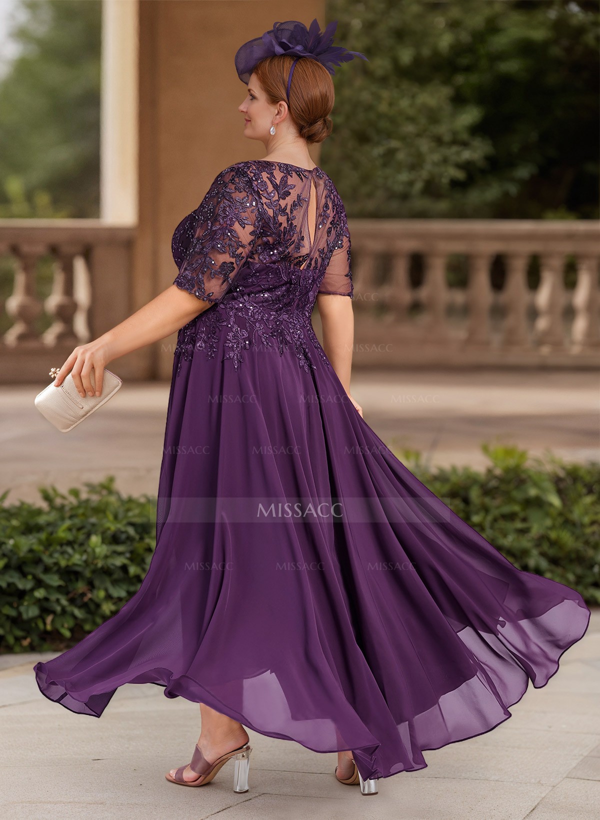 A-Line Illusion Neck 1/2 Sleeves Chiffon Mother Of The Bride Dresses With Lace