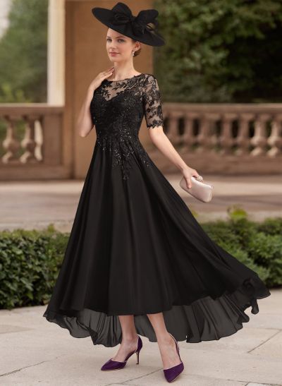 A-Line Illusion Neck 1/2 Sleeves Chiffon Mother Of The Bride Dresses With Lace