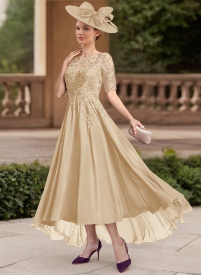 A-Line Illusion Neck 1/2 Sleeves Chiffon Mother Of The Bride Dresses With Lace