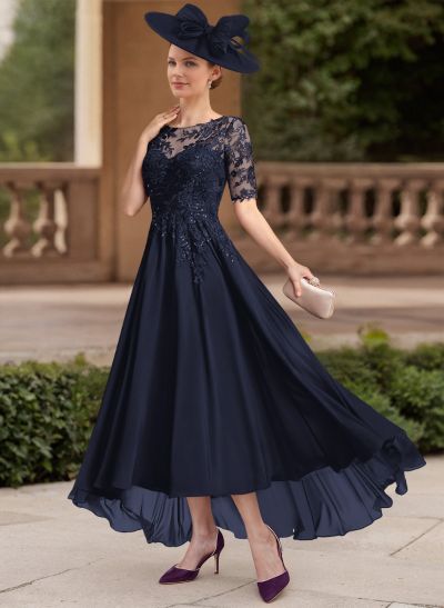 A-Line Illusion Neck 1/2 Sleeves Chiffon Mother Of The Bride Dresses With Lace