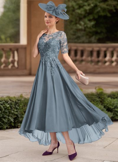 A-Line Illusion Neck 1/2 Sleeves Chiffon Mother Of The Bride Dresses With Lace