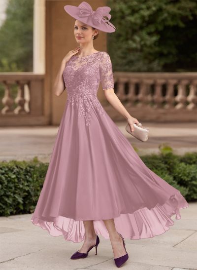 A-Line Illusion Neck 1/2 Sleeves Chiffon Mother Of The Bride Dresses With Lace