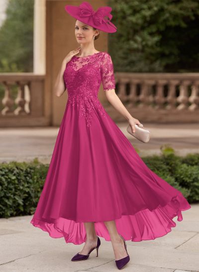 A-Line Illusion Neck 1/2 Sleeves Chiffon Mother Of The Bride Dresses With Lace