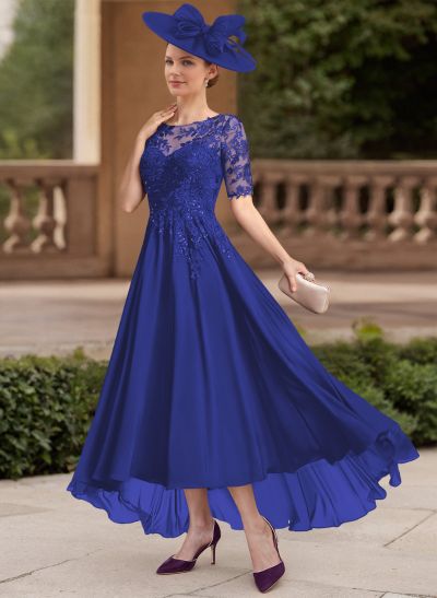 A-Line Illusion Neck 1/2 Sleeves Chiffon Mother Of The Bride Dresses With Lace