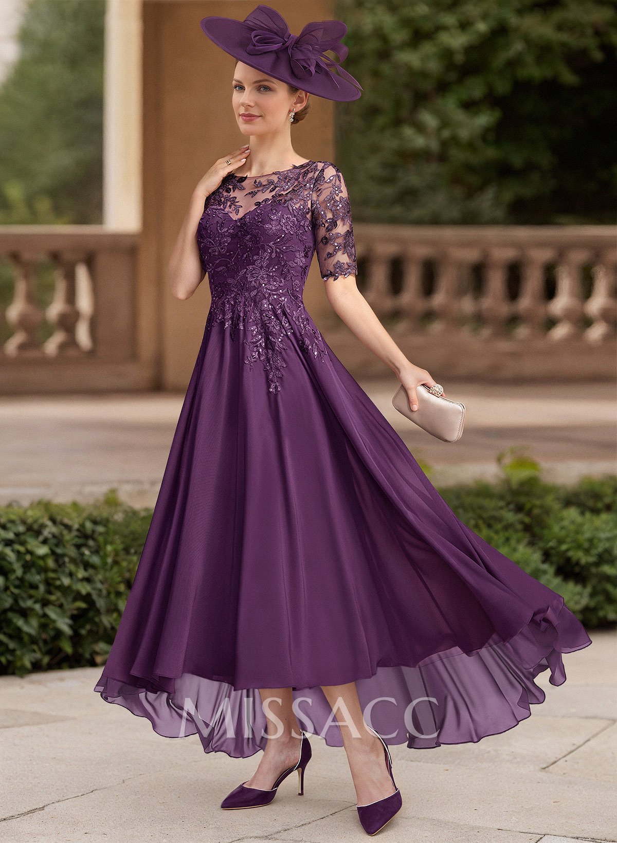 A-Line Illusion Neck 1/2 Sleeves Chiffon Mother Of The Bride Dresses With Lace