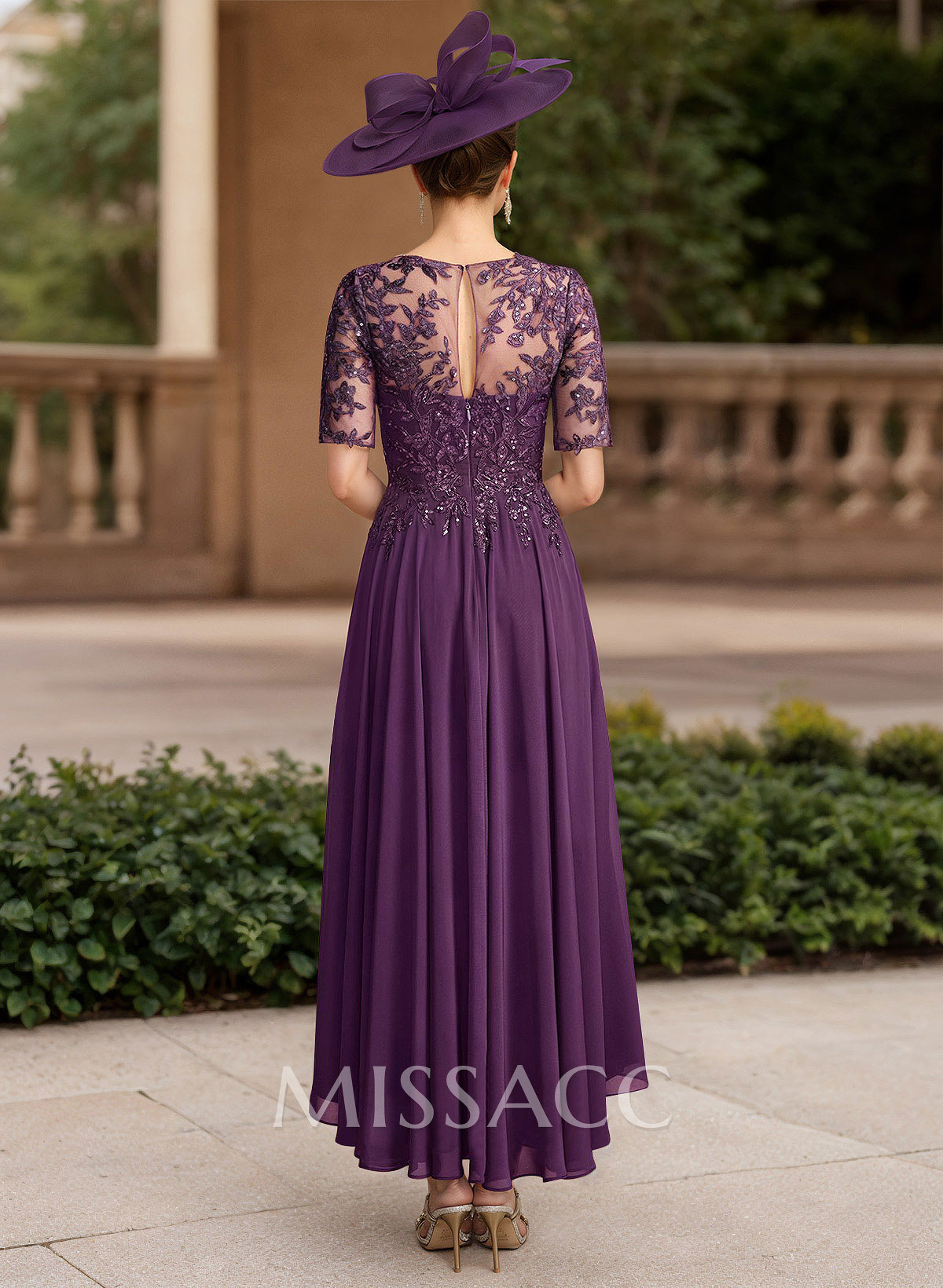 A-Line Illusion Neck 1/2 Sleeves Chiffon Mother Of The Bride Dresses With Lace