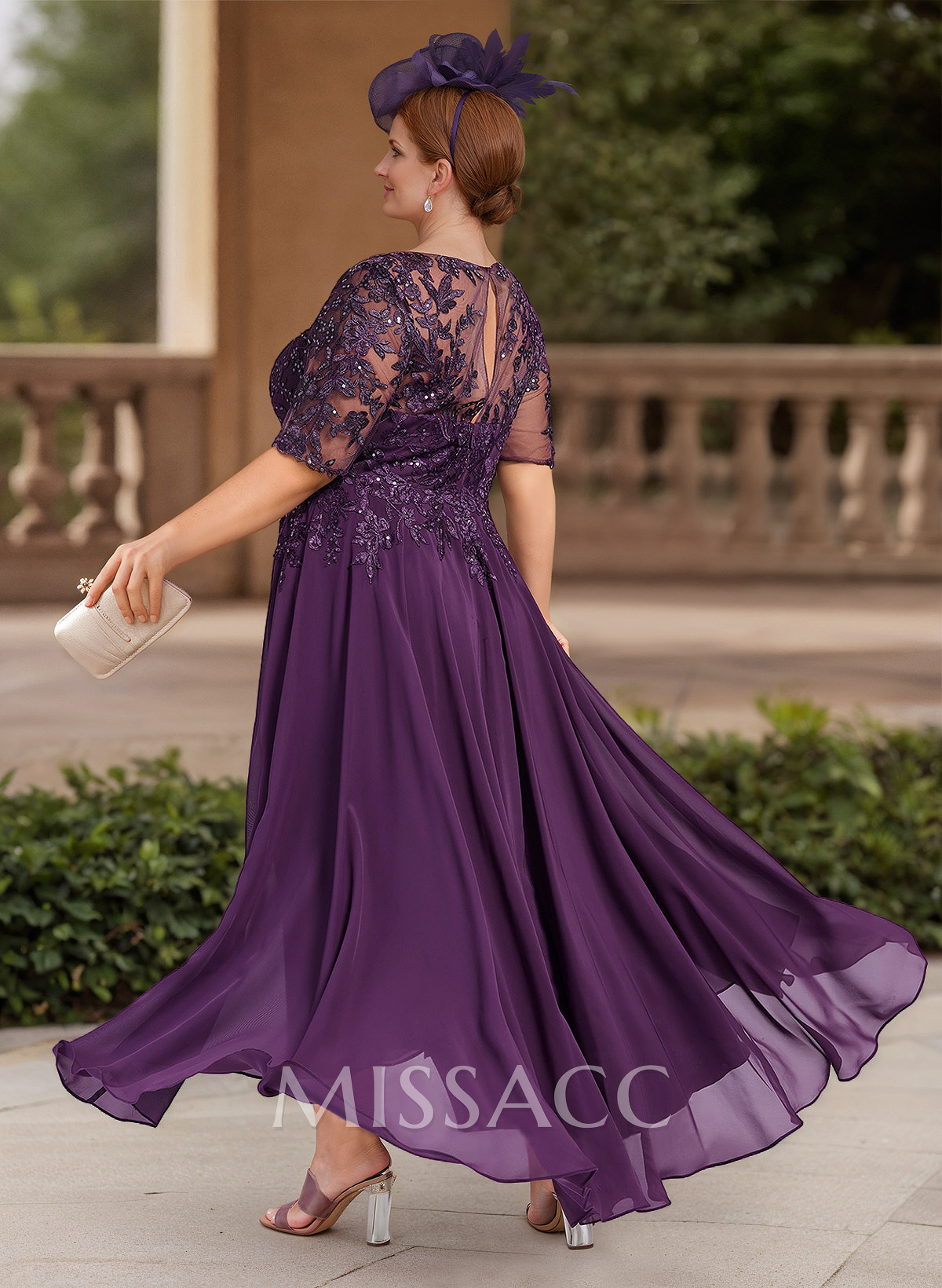 A-Line Illusion Neck 1/2 Sleeves Chiffon Mother Of The Bride Dresses With Lace