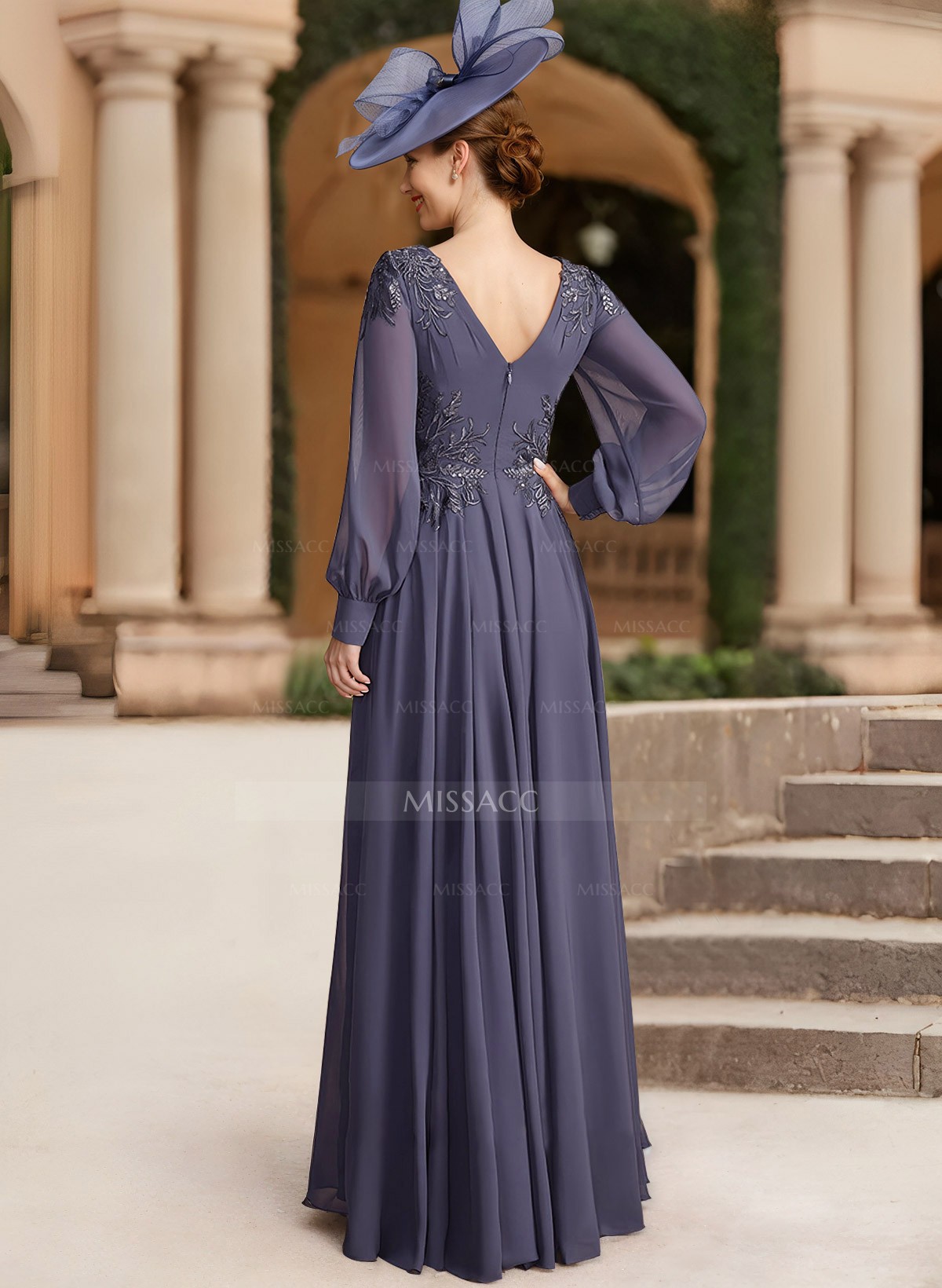 A-Line V-Neck Long Sleeves Chiffon Mother Of The Bride Dresses With Lace