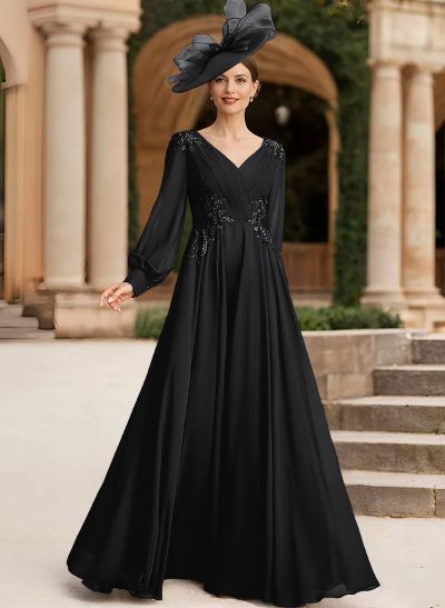 A-Line V-Neck Long Sleeves Chiffon Mother Of The Bride Dresses With Lace