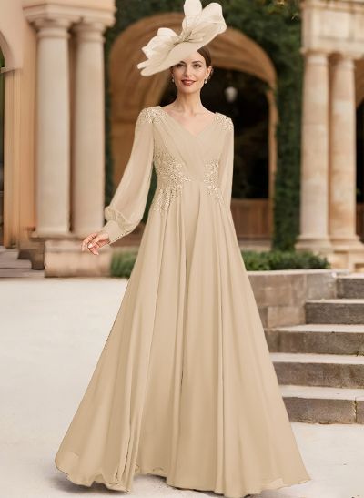 A-Line V-Neck Long Sleeves Chiffon Mother Of The Bride Dresses With Lace