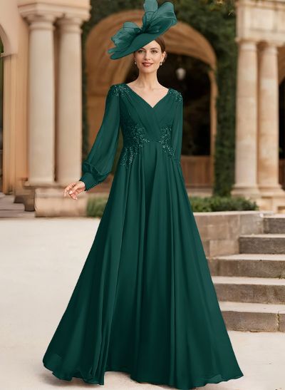 A-Line V-Neck Long Sleeves Chiffon Mother Of The Bride Dresses With Lace