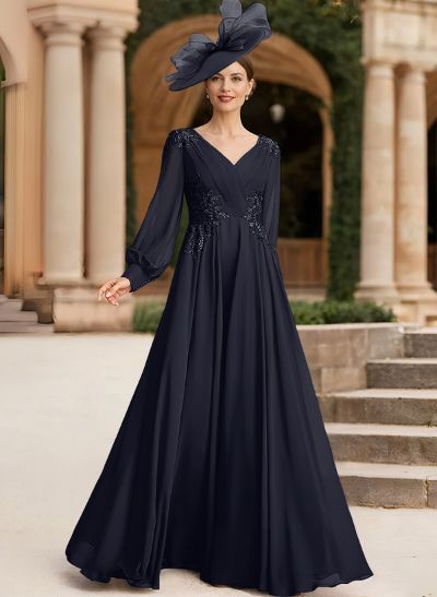 A-Line V-Neck Long Sleeves Chiffon Mother Of The Bride Dresses With Lace